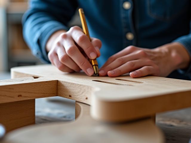 Un artigiano che lavora su un pezzo di arredamento moderno, mix di tecniche tradizionali e design contemporaneo.