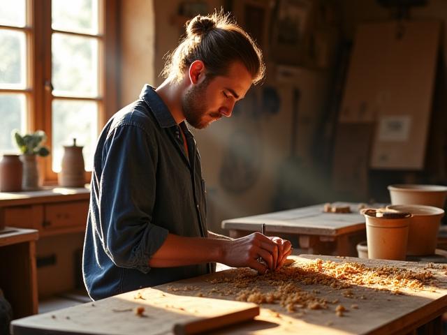 An artisanal craftsman, possibly the founder, working meticulously in a sunlit workshop, surrounded by tools and unfinished art pieces